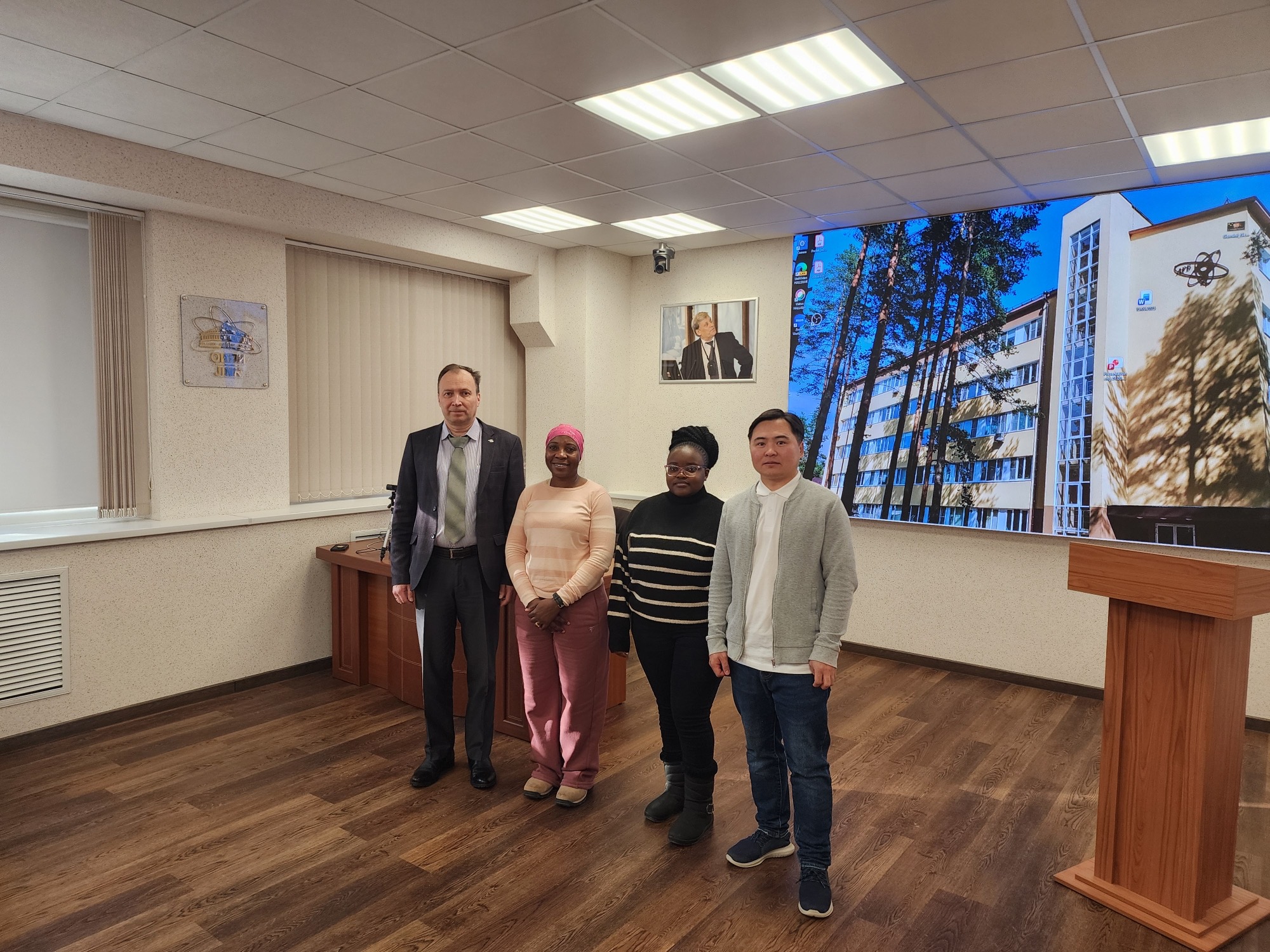 Dr Igor Koshlan, Dr Daphney Bucher, Ms Marry Thekhwe, and Dr Batmunkh Munkhbaatar at JINR